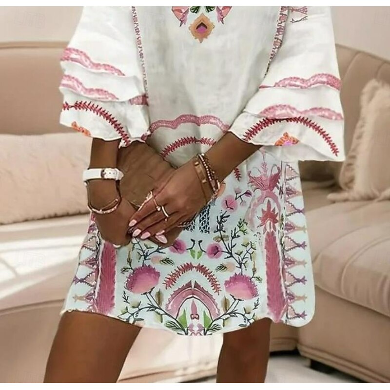 Women's Mini Dress Sundress A Line Dress Ruffle Dress Vacation Casual Boho Daily Going out Regular Fit Floral Graphic Tropical 3/4 Length Sleeve V Neck White Summer Spring3
