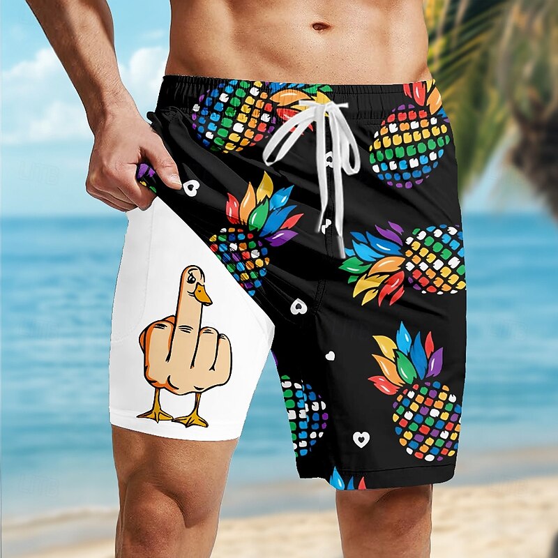 Men's Pineapple Funny Duck Lined Shorts 2 in 1 Board Shorts Swim Shorts Mid Waist Hawaiian Vacation Holiday Beach Wear Side Pockets With Compression Liner Elastic Drawstring Waist Designer Clothing2