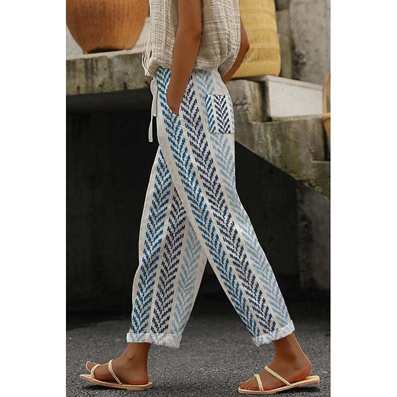 Women's Cotton Linen Pants Slacks Casual Full Length Natural Floral Pocket Printing Elastic Drawstring Design Comfy Comfortable Street Going out Black Grey Magenta Dark red Peacock Blue Summer
