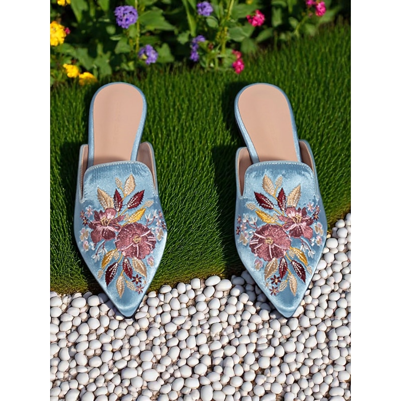 Women's Embroidered Pointed Toe Satin Mules – Vintage Floral Slip-On Flats for Casual Dates and Outdoor Strolls