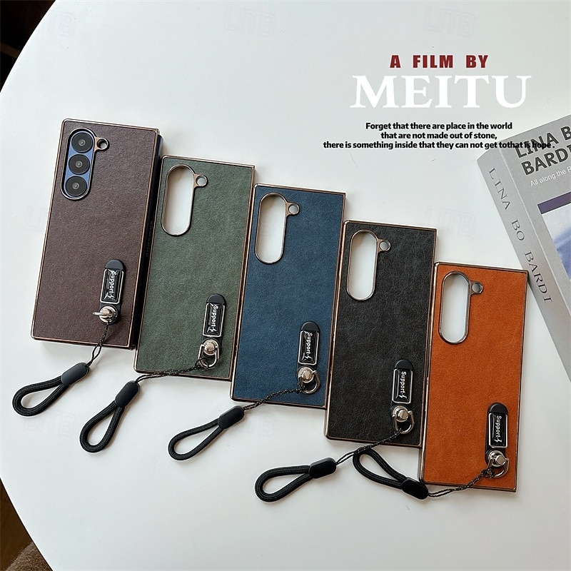 Phone Case For Samsung Galaxy Z Fold 6 Z Fold 5 Z Fold 4 Z Fold 3 Back Cover with Lanyard Shockproof Retro PC PU Leather