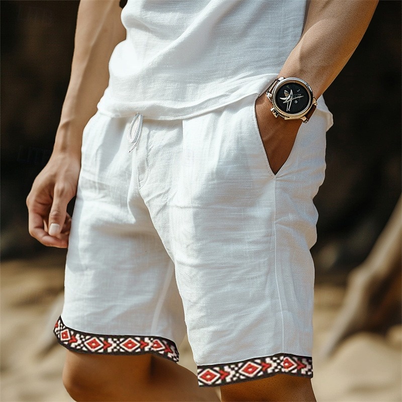 Men's Shorts Linen Shorts Summer Shorts Beach Shorts Drawstring Pocket Elastic Waist Plain Comfort Breathable Knee Length Casual Daily Holiday Ethnic Style Retro Vintage Black White2