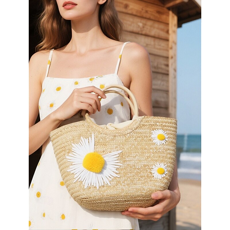 Women's Daisy Embroidered Straw Tote Bag - Summer Beach Tote Bag with Floral, Coconut Tree, Lemon Pattern, Casual Bohemian Style, Suitable for Vacation and Daily Use2