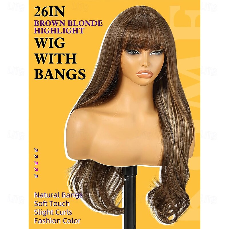 Brown Blonde Highlight Wigs with Bangs Brown Layered Wig for WomenLong Wavy Wigs Synthetic Hair Wig for Party Daily Use 26IN2