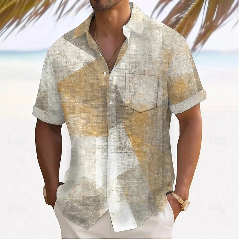 Men's Geometric Color Block Gradient Color Shirt Summer Shirt Button Up Shirt Short Sleeve Fashion Casual Vacation Holiday Streetwear Summer Turndown 3D Print Front One Pocket Linen Like Shirt Purple