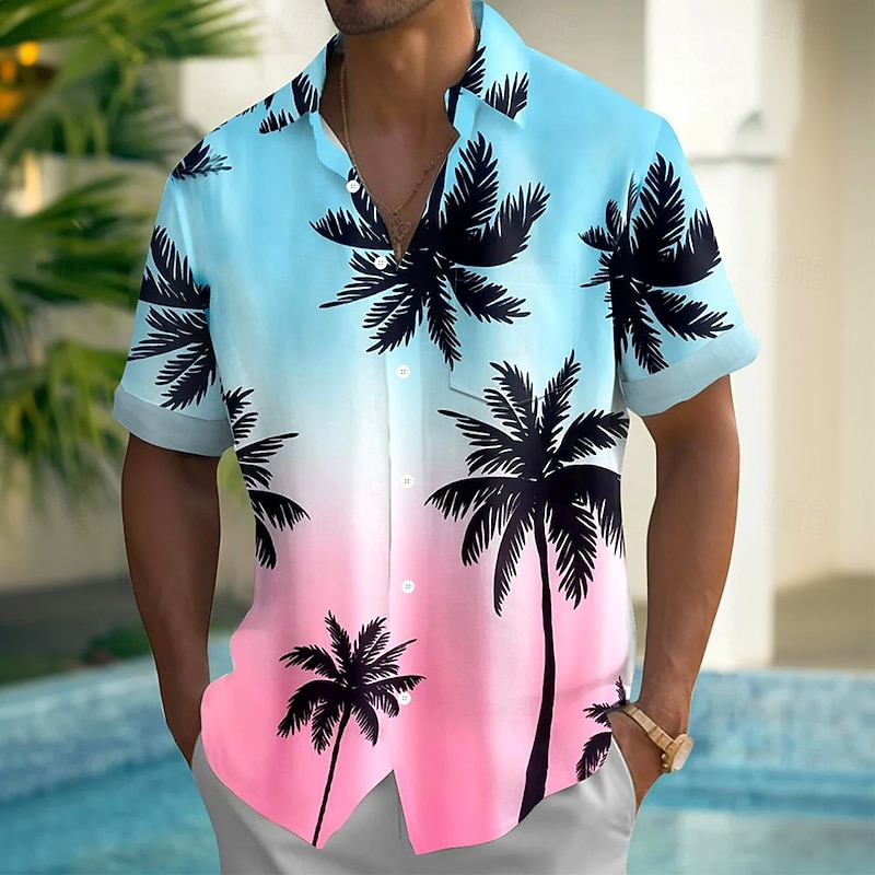 Men's Coconut Tree Gradient Color Shirt Summer Hawaiian Shirt Button Up Shirt Short Sleeve Hawaiian Vacation Holiday Beach Wear Summer Spring Turndown 3D Print Collared Shirts Front One Pocket Blue