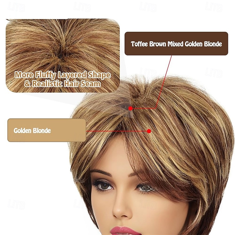 Short Brown Pixie Cut Wig for Women Short Hair Wigs with Bangs Mixed Blonde Highlight Layered Fluffy Synthetic Hair Replacement Wig Halloween Costumes Wigs4