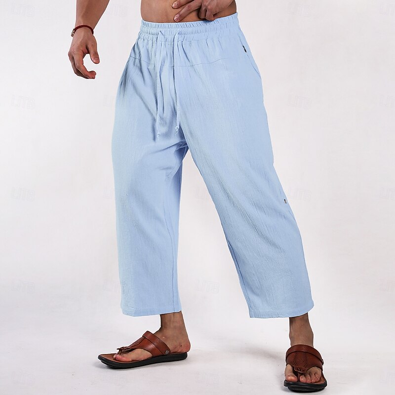 Men's Linen Pants Trousers Summer Shorts Baggy Pants Front Pocket Pleats Straight Leg Plain Comfort Breathable Ankle-Length Outdoor Vacation Party Vacation Fashion Black Pink2