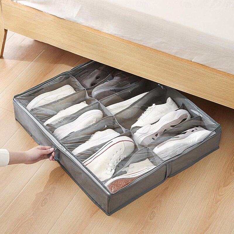 Shoe Storage Under Bed Fabric Folding Shoe Containers Under Bed Shoe Storage Organizer, Fits Total 6 Pairs, Underbed Shoes Storage with Clear