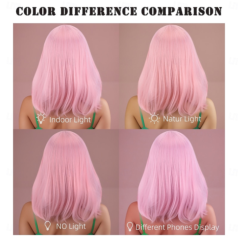 Synthetic Wig Straight kinky Straight Asymmetrical Neat Bang Machine Made Wig 14 inch A1 Synthetic Hair Women's Classic Comfortable Color Gradient Pink4