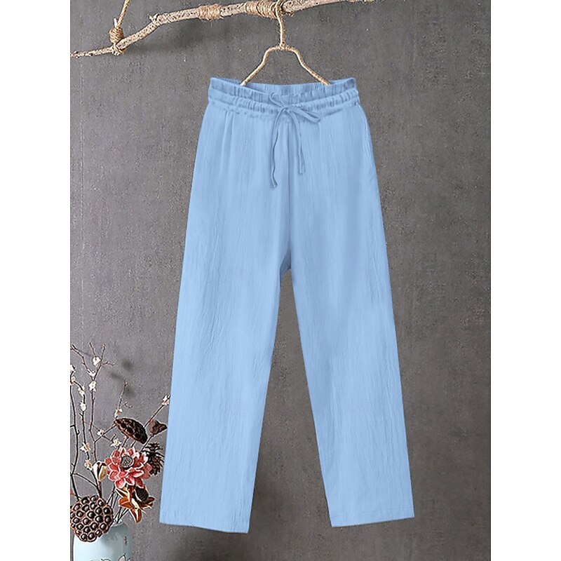 Women's Cotton Linen Wide Leg Solid Color Chinos Baggy Pants Basic Casual Full Length High Waist Plain Drawstring Comfort Outdoor Micro-elastic Vacation Street Daily Black White Blue Khaki4