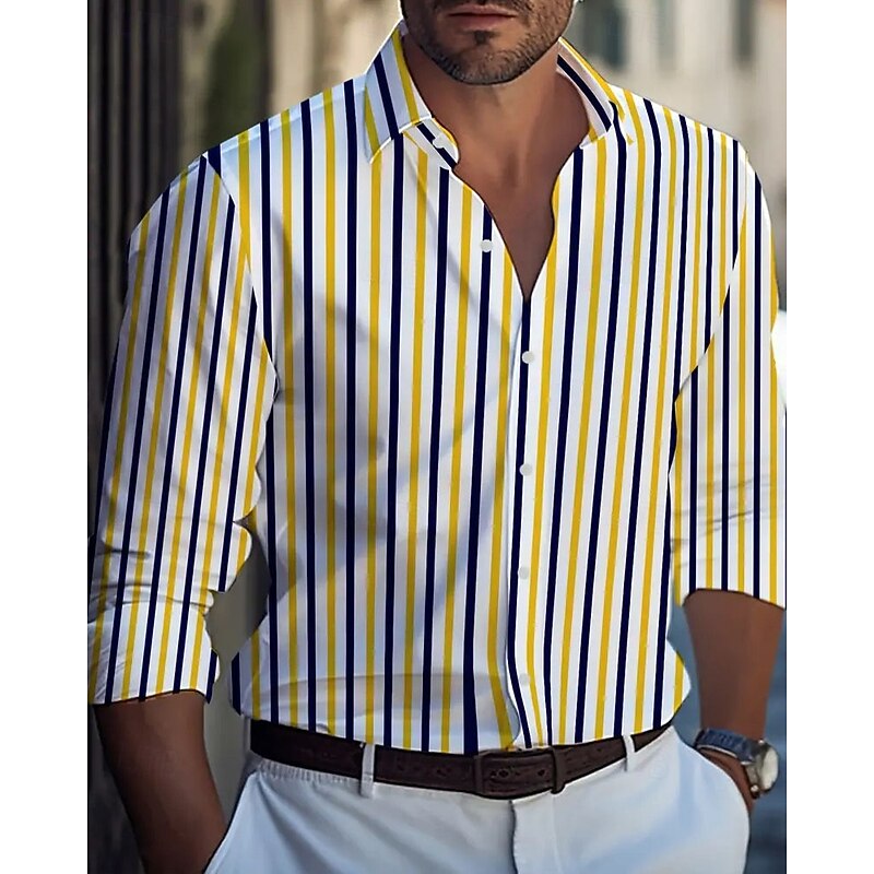 Men's Casual Shirt Beach Shirt Button Up Shirt Black Yellow Wine Red Blue Long Sleeve Stripes and Plaid Lapel Vacation Hawaiian Button-Down Clothing Apparel Polyester Fashion Casual Comfortable3