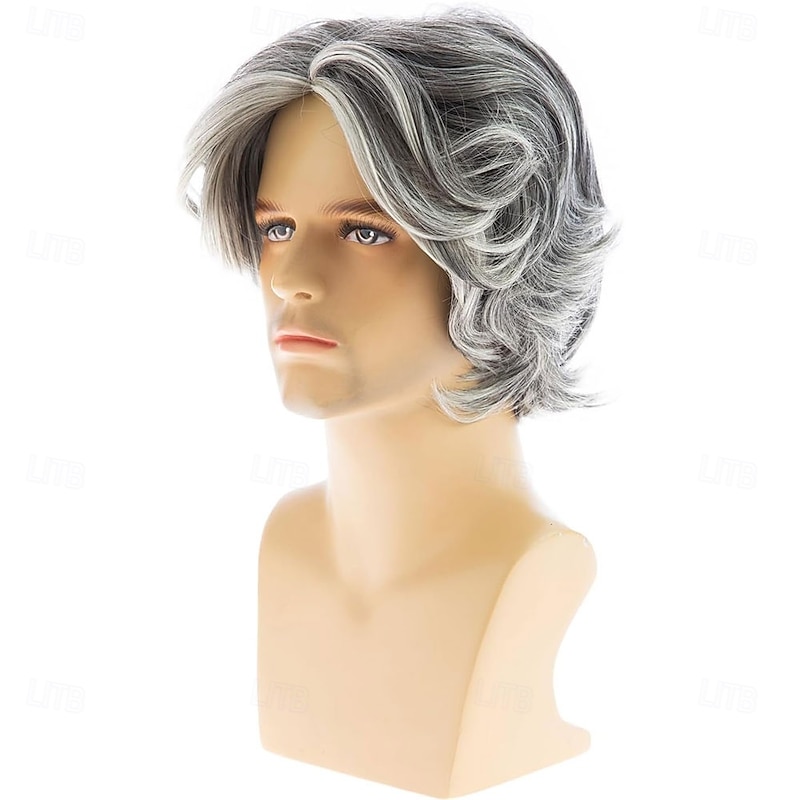 Mens Wig Short Grey Layered Synthetic Halloween Cosplay Costume Wig for Males2