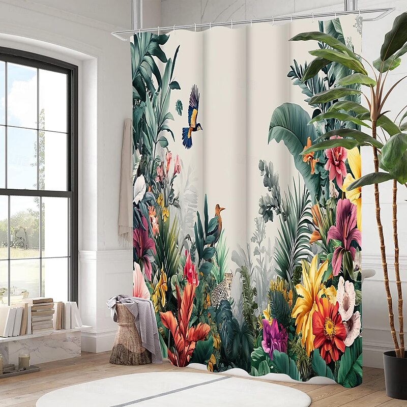Shower Curtain with 12 Hooks 180cm*180cm(70"*70") Polyester Machine Washable Waterproof Tropical Leaf Plant Pattern3