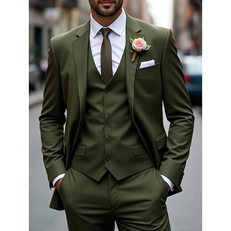 Men's Wedding Business Suits Notch Lapel Army Green Fashion Formal Solid Colored Standard Fit 3 Piece Single Breasted Two-buttons2