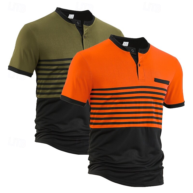Multi Packs 2pcs Men's Stand Collar Short Sleeves White+Orange Button Up Polos Golf Shirt Golf Polos Shirts Buttons Stripe Vacation Daily Wear Polyester Summer4
