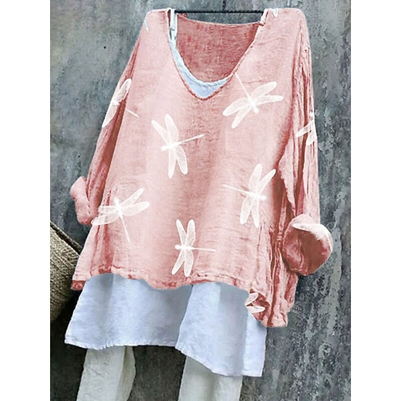 Women's Blouse Graphic Dragonfly Stylish Casual 3/4 Length Sleeve V Neck Regular Tops Daily Pink Blue Purple Green Summer Spring4