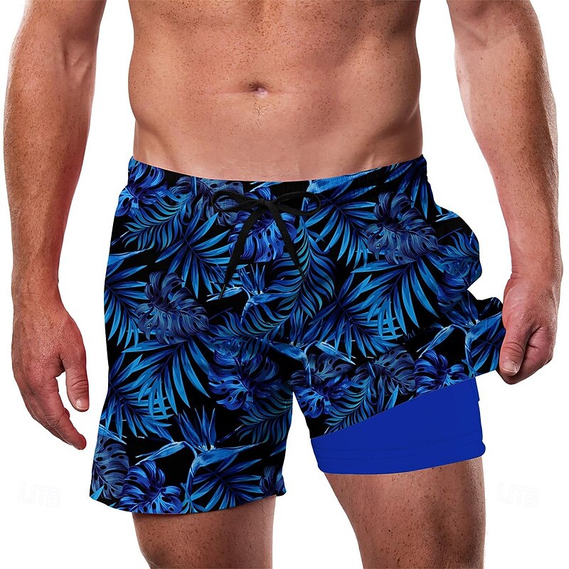 Men's Palm Leaf Tropical Plants Lined Shorts 2 in 1 Board Shorts Swim Shorts Mid Waist Hawaiian Vacation Beach Wear Side Pockets With Compression Liner Elastic Drawstring Waist Designer Clothing4