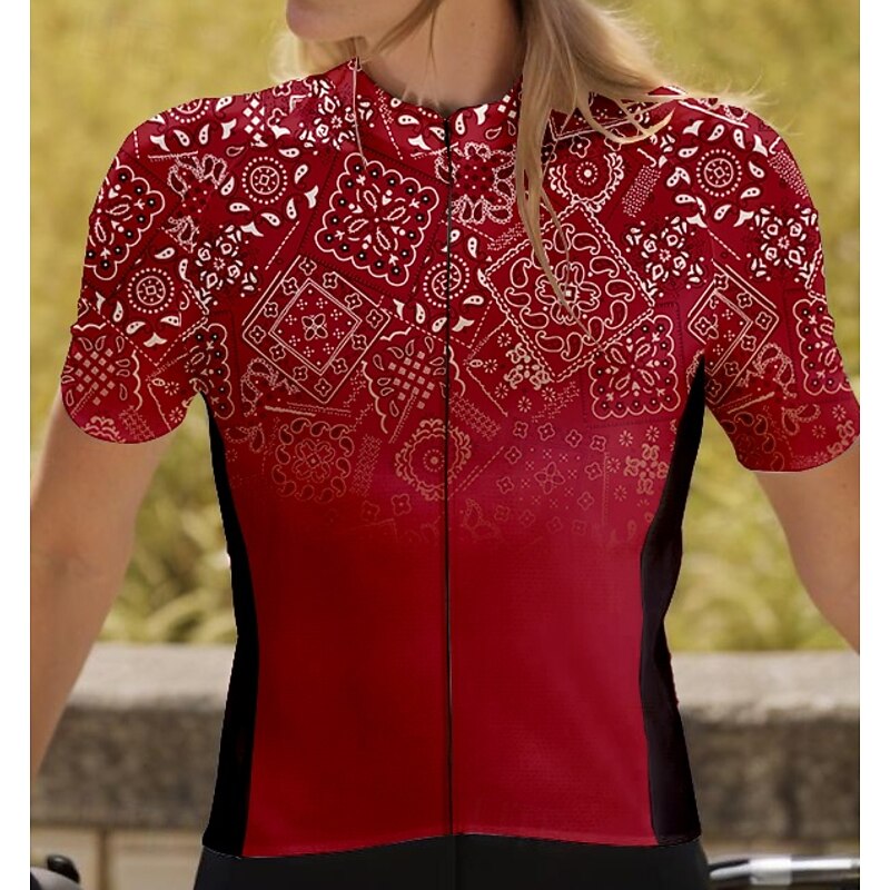 Women's Cycling Jersey Graphic Geometric Gradient Short Sleeve Bike Jersey Top with 3 Rear Pockets Quick Dry Reflective Strips Back Pocket Moisture Wicking Sports Wine Red Clothing Apparel3