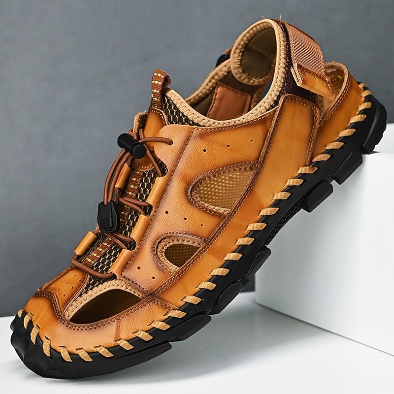 Men's Brown Faux Leather Hiking Sandals – Durable Outdoor Shoes with Adjustable Straps for Summer Adventures