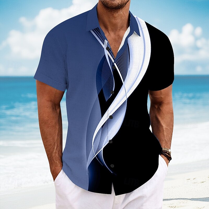 Men's Geometric Line Abstract Art Shirt Summer Shirt Button Up Shirt Short Sleeve Fashion Casual Vacation Dailywear Beach Wear Summer Spring Turndown 3D Print Linen Like Shirt Yellow Blue Light Grey2