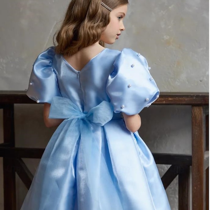 Kids Girls' Dress Party Dress Solid Color Short Sleeve Performance Puff Sleeve Princess Sweet Satin Knee-length Sheath Dress Summer Spring Fall kids Sky Blue4
