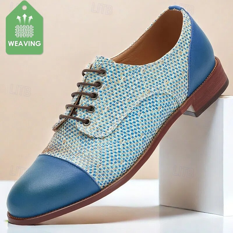 Men's Blue Woven Oxford Shoes – Elegant Nylon Knit Lace-Up Shoes for Business & Formal Events