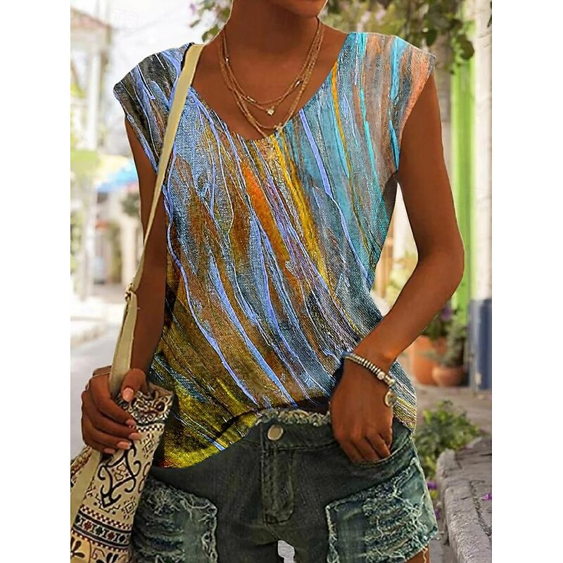 Women's T Shirt Graphic Tie Dye Tropical Stylish Casual Sleeveless V Neck Regular Tops Daily Going out Weekend Print Yellow Blue Green Summer Spring2