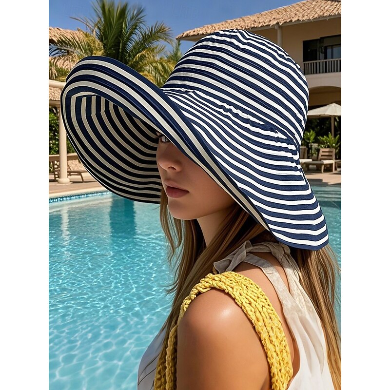 Women's Foldable Wide Brim Sun Hat – Black and White Striped Beach Hat, Packable UV Protection Summer Hat for Travel, Vacation & Outdoor Activities2
