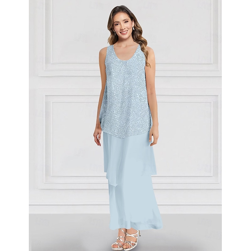 Two Piece A-Line Dress Sets Mother of the Bride Dress Elegant Crew Neck Ankle Length Chiffon Long Sleeve Jacket Dresses with Lace Ruffles Tier4