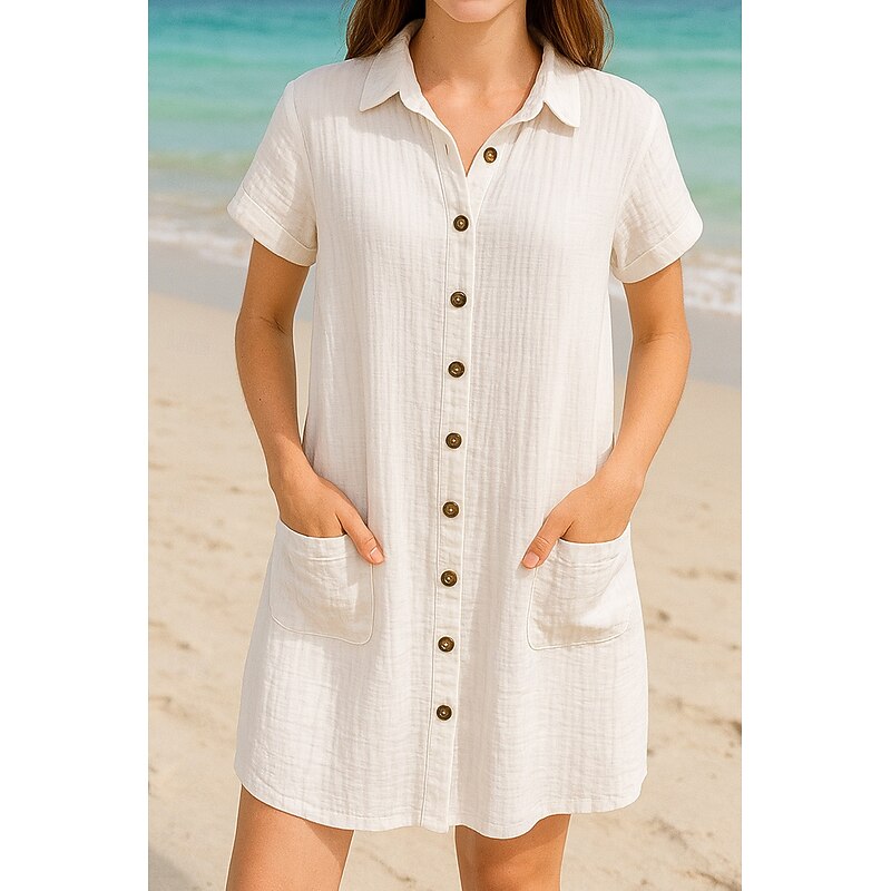 Women's Mini Dress White Dress Shirt Dress Elegant Basic Modern Vacation Holiday Beach Regular Fit Plain Short Sleeve Shirt Collar White Summer4