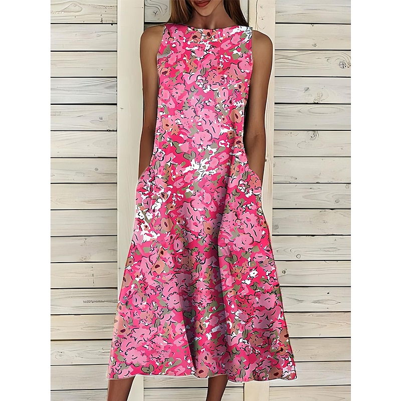 Women's Midi Dress Sundress A Line Dress Summer Dress Elegant Vacation Casual Regular Fit Floral Graphic Sleeveless Crew Neck Light Pink White Pink Blue Summer3