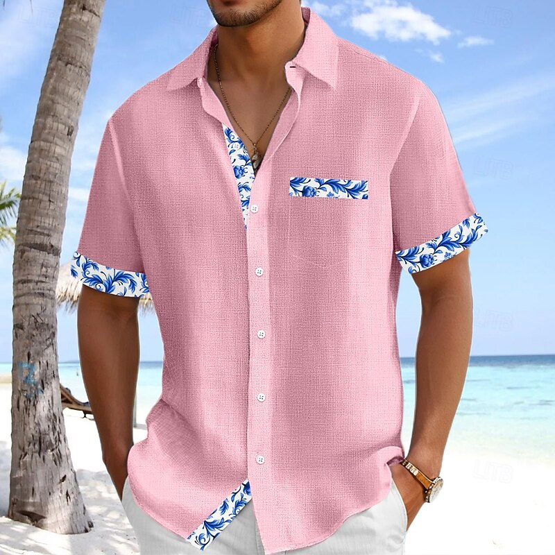 Men's Shirt Linen Shirt Summer Shirt Beach Shirt Plaid Vacation Holiday White Pink Navy Blue Light Blue Short Sleeve Collar Summer Clothing Apparel3
