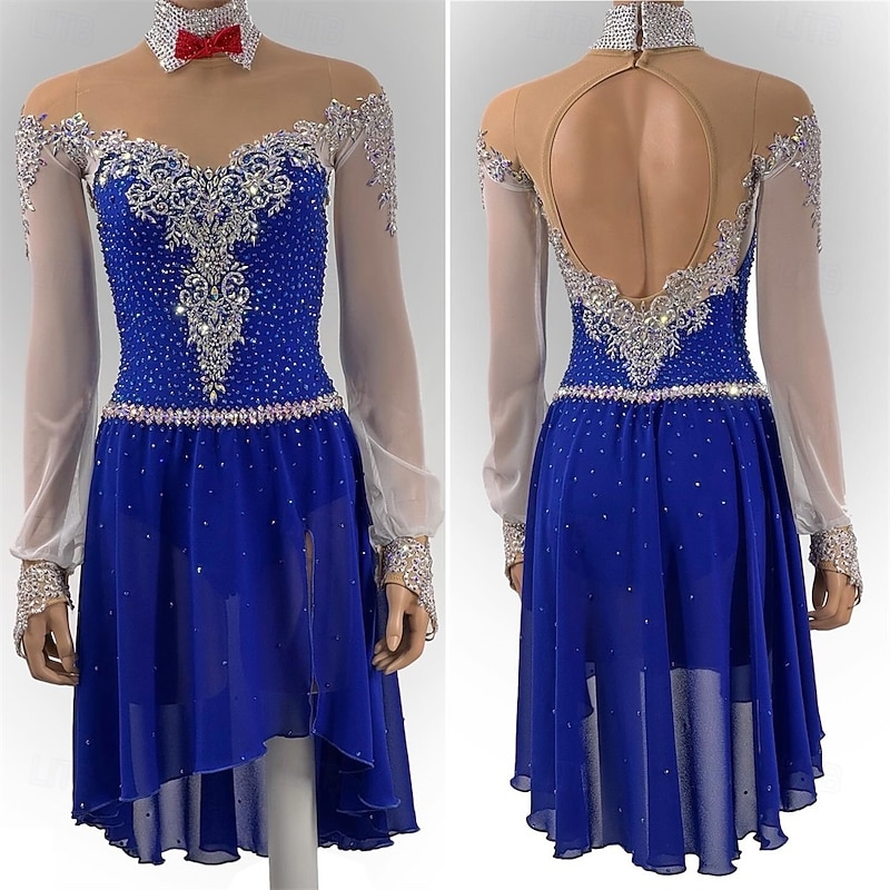 Figure Skating Dress Women's Girls' Ice Skating Dress Royal Blue Thumbhole Open Back Mesh High Elasticity Training Competition Skating Wear Classic Crystal / Rhinestone Long Sleeve Ice Skating Figure