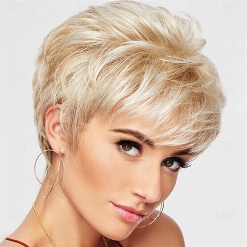 Short Hair Wigs with Bangs Dark Brown Mixed Blonde Pixie Cut Wig for Women Straight Synthetic Fiber Wigs4