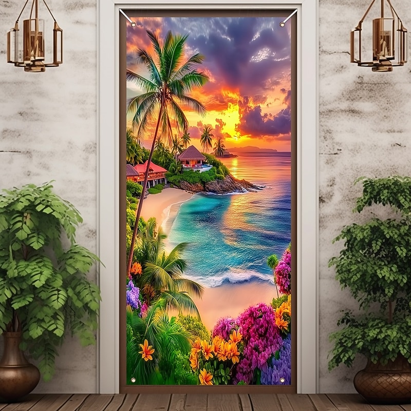 Summer Beach Door Decorations Door Covers Door Tapestry Door Curtain Decoration Backdrop Indoor/Outdoor Door Banner for Front Door Farmhouse