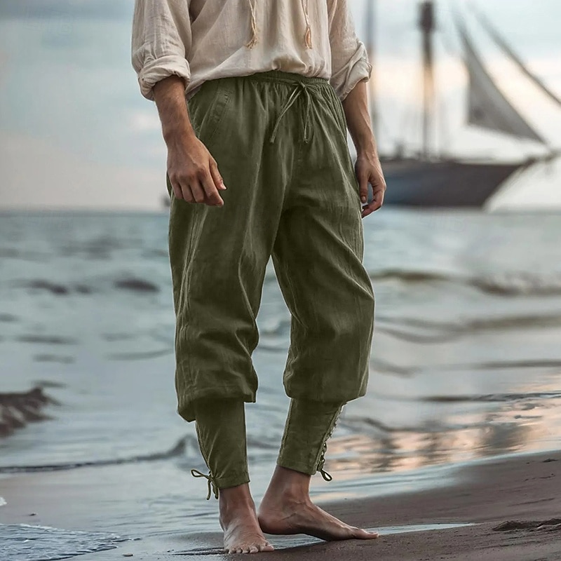 Men's Linen Pants Trousers Summer Pants Beach Pants Pocket Elastic Waist Leg Drawstring Plain Comfort Breathable Full Length Outdoor Daily Holiday Vacation Viking Black Navy Blue3
