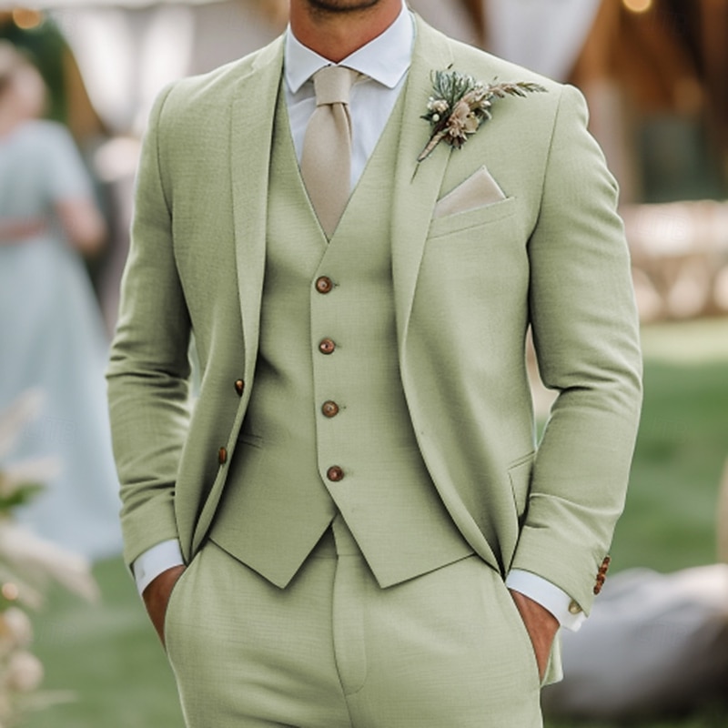 Men's Wedding Linen Suits Notch Lapel Sky Blue Sage Fashion Formal Solid Colored Standard Fit 3 Piece Single Breasted Two-buttons
