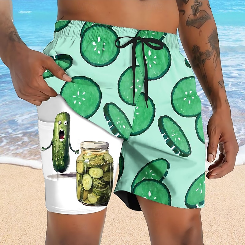 Men's Funny Pickle Lined Shorts 2 in 1 Board Shorts Swim Shorts Mid Waist Hawaiian Vacation Holiday Beach Wear Side Pockets With Compression Liner Elastic Drawstring Waist Designer Clothing Apparel4