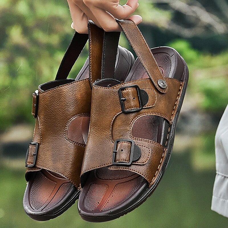 Men's Brown Adjustable Buckle Leather Sandals – Casual Summer Outdoor Footwear for Comfort and Style3