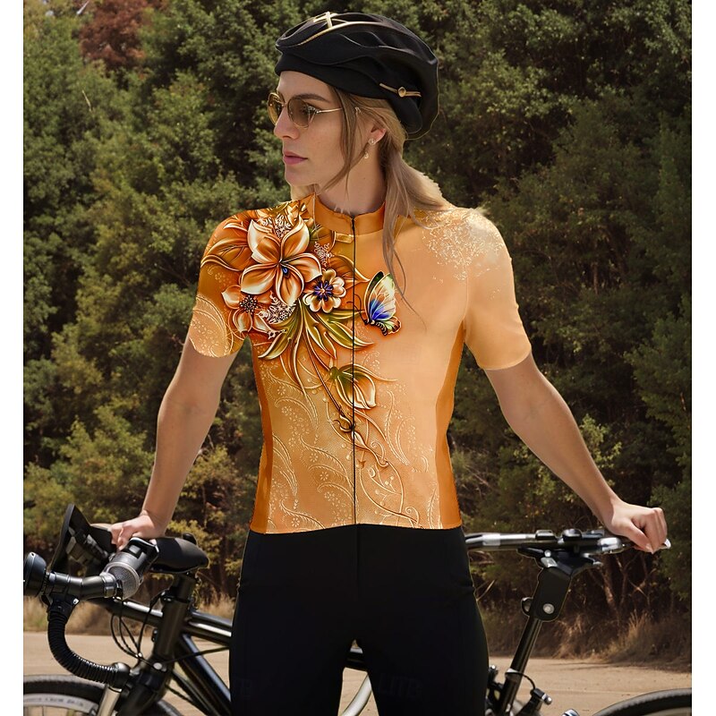 Women's Cycling Jersey Graphic Floral Botanical Short Sleeve Bike Jersey Top with 3 Rear Pockets Quick Dry Reflective Strips Back Pocket Moisture Wicking Sports Orange Clothing Apparel