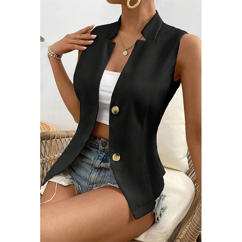 Women's Linen Shirt Blouse Cotton Linen Vest Plain Casual Sleeveless V Neck Regular Tops Daily Going out Buttons Black White Champagne Summer4