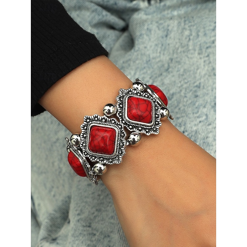 Women's Vintage Boho Turquoise Stone Bracelet – Retro Style Elastic Beaded Cuff Jewelry for Casual Wear, Festivals and Gifts2