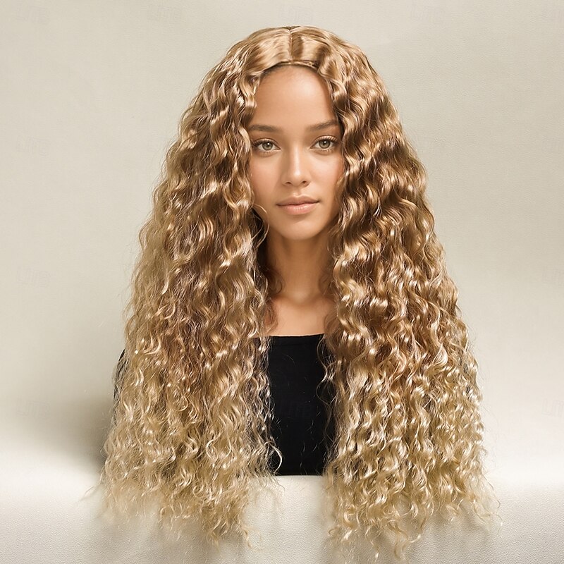 Synthetic Wig Afro Curly Water Wave Layered Haircut Deep Parting Machine Made Wig 26 inch A1 Synthetic Hair Women's Middle Part Cool Classic Blonde