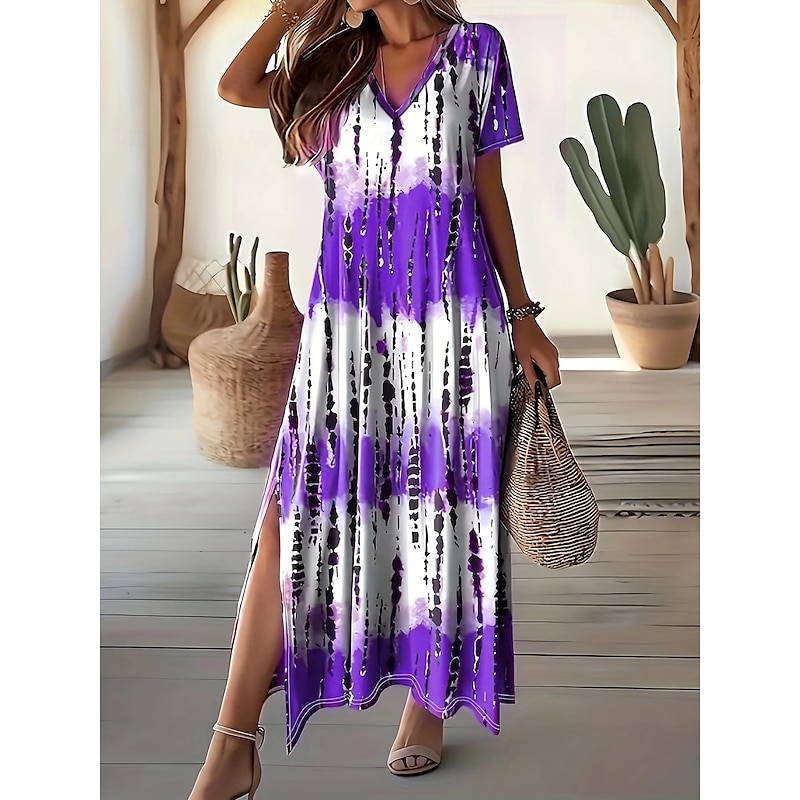 Women's Maxi Dress Shift Dress Casual Daily Loose Fit Color Block Short Sleeve V Neck Pink Purple Gray Summer3