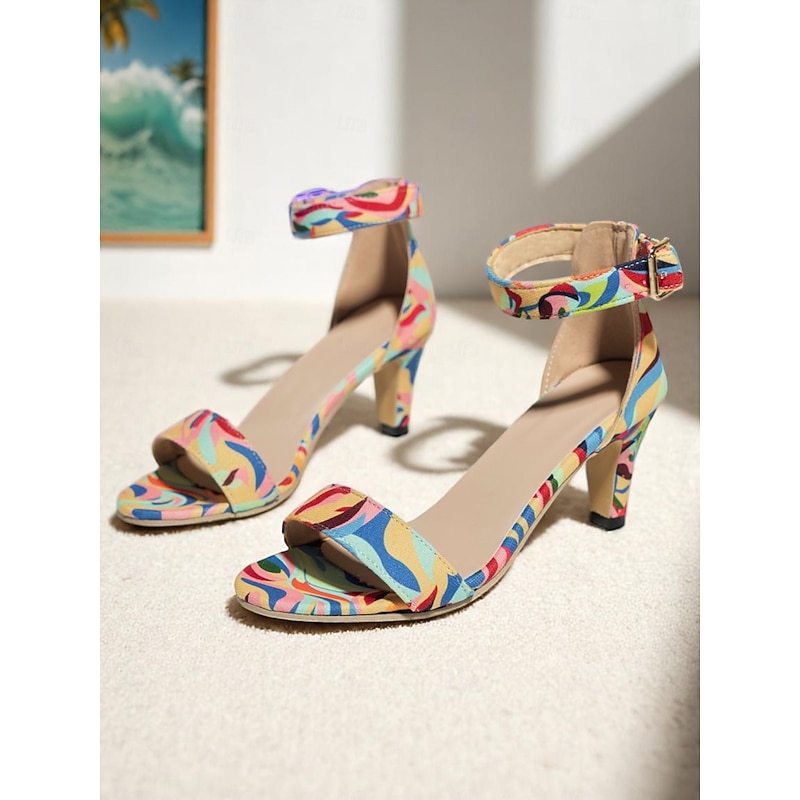 Women's Colorful Printed Ankle Strap Heeled Sandals – Vibrant Artistic Summer Shoes for Fashionable Parties, Resort Outfits, and Vacation Looks