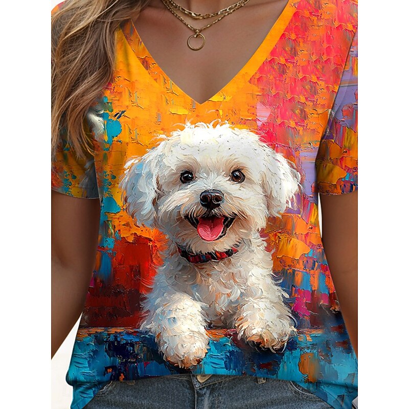 Women's T Shirt Graphic Animal Dog Vintage Stylish Casual Short Sleeve V Neck Regular Tops Daily Print Yellow Blue Orange Light Blue Summer Spring3