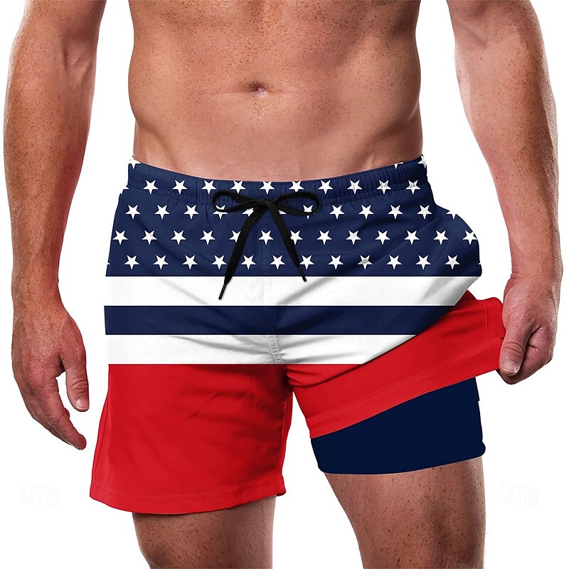 Men's American US Flag Patriotic Lined Shorts 2 in 1 Board Shorts Swim Shorts Mid Waist Hawaiian Vacation Beach Side Pockets With Compression Liner Elastic Drawstring Waist Designer Clothing Apparel2