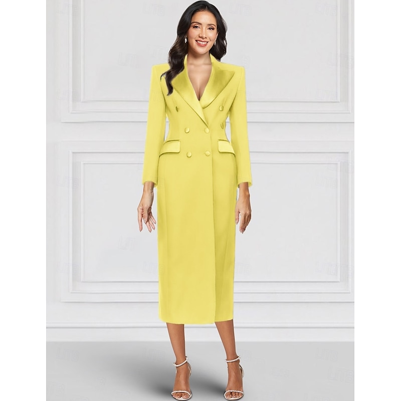 Tuxedo Dress Sheath / Column Wedding Guest Church Stretch Crepe Elegant Vintage Long Sleeve Ankle Length Peak Lapel Double Breasted4