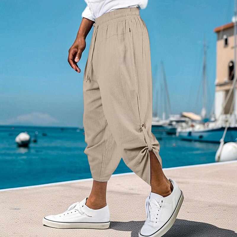 Men's Linen Pants Trousers Summer Shorts Baggy Pants Front Pocket Pleats Straight Leg Plain Comfort Breathable Ankle-Length Outdoor Vacation Party Vacation Fashion Black Pink4